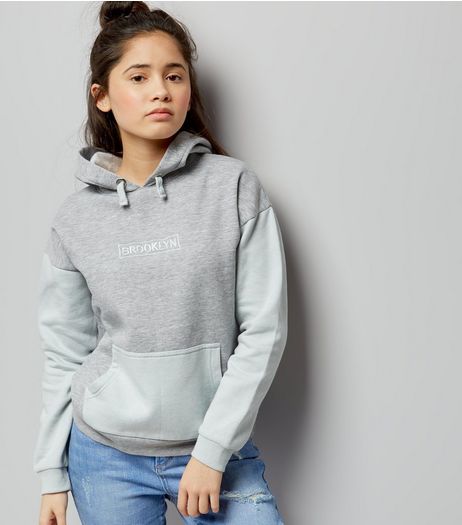Teens Grey Colour Block Brooklyn Embroidered Hoodie | New Look