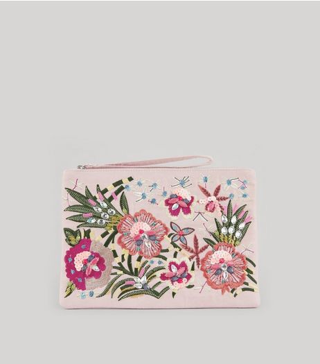 Pink Floral Embroidered Clutch | New Look