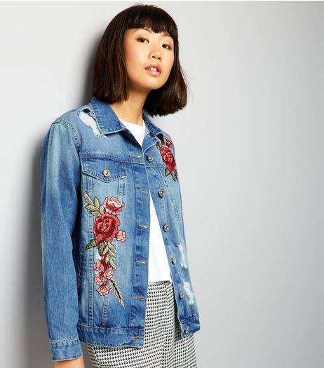 Parisian Blue Floral Patch Ripped Denim Jacket | New Look