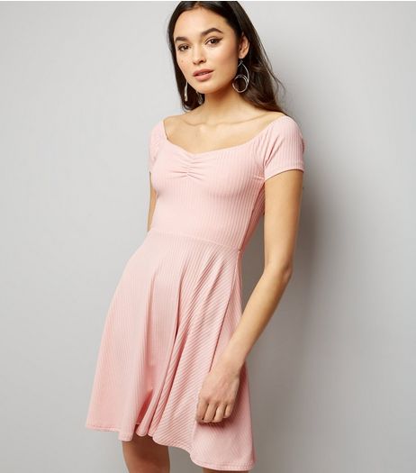 Pink Ruched Front Bardot Neck Skater Dress | New Look