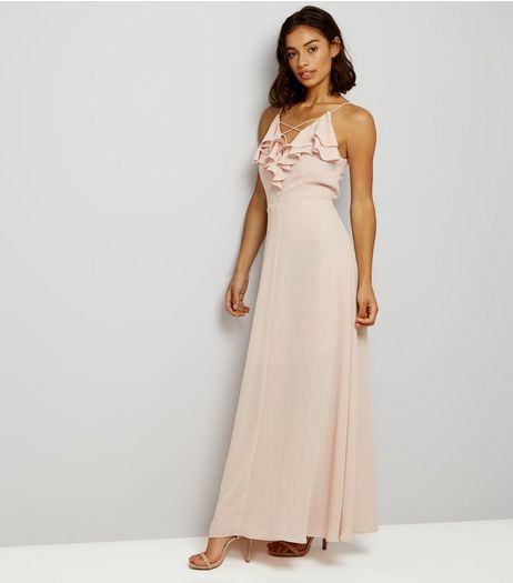 Petite Shell Pink Frill Trim Cross Strap Maxi Dress | New Look