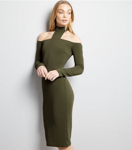 AX Paris Khaki High Neck Midi Dress | New Look