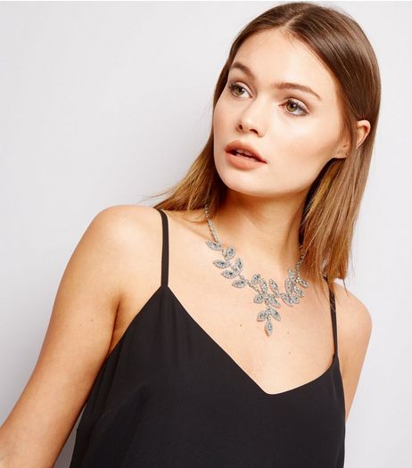 Silver Diamante Leaf Necklace | New Look