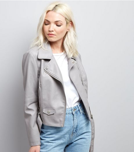 Petite Grey Leather-Look Biker Jacket | New Look
