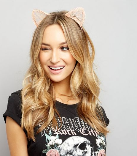 Shell Pink Lace Cat Ears Headband | New Look