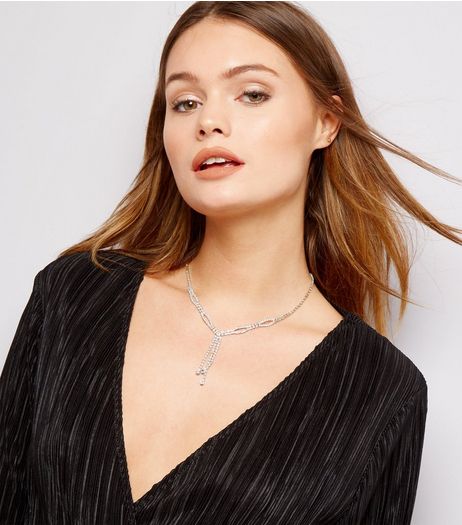 Silver Diamante Chain Drop Necklace | New Look