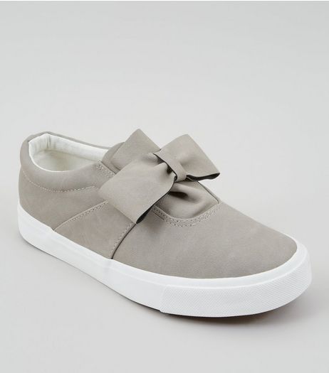 Grey Suedette Bow Front Slip On Trainers | New Look