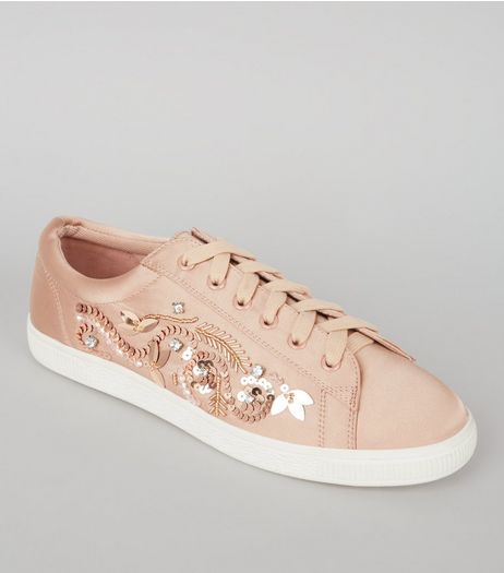 Nude Satin Sequin Embellished Trainers | New Look