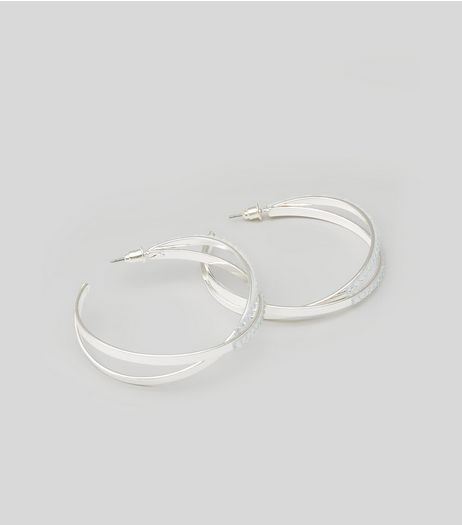 Silver Diamante Cross Link Hoop Earrings | New Look