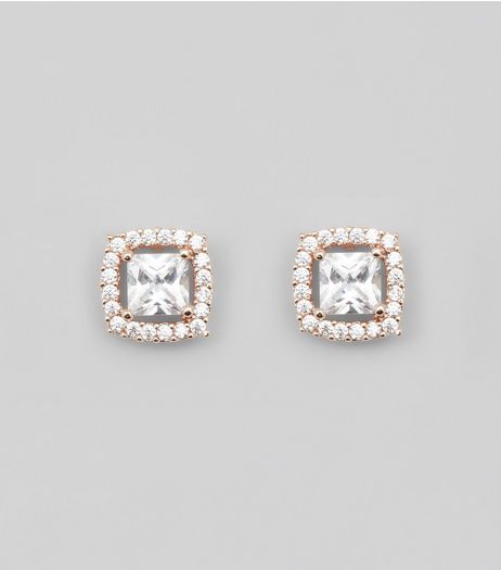 Rose Gold Cubic Zirconia Square Stud Earrings | New Look