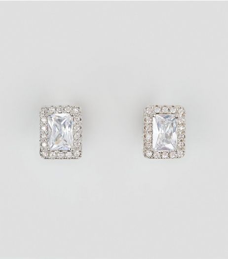 Silver Cubic Zirconia Rectangle Stud Earrings | New Look