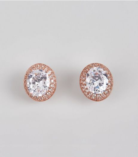 Rose Gold Cubic Zirconia Oval Stud Earrings | New Look