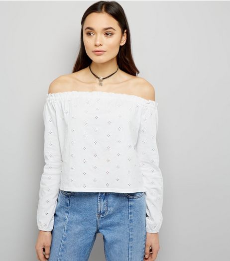 White Cut Out Broderie Trim Bardot Neck Top | New Look