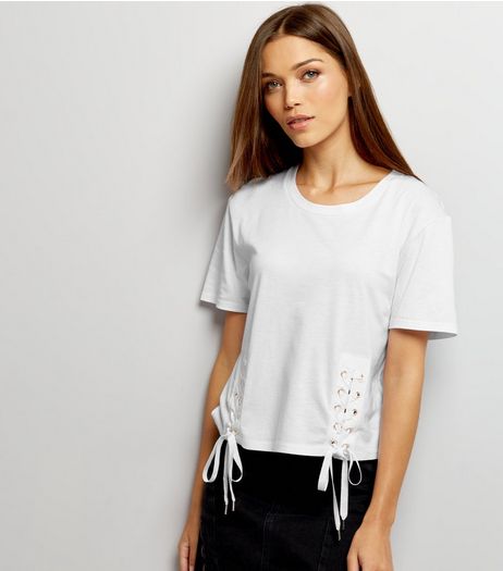 White Eyelet Lace Up Hem T-Shirt | New Look