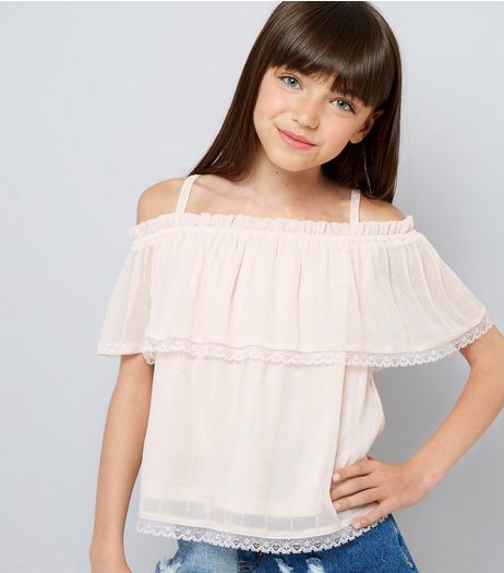 Teens Pink Lace Trim Tiered Cold Shoulder Top | New Look