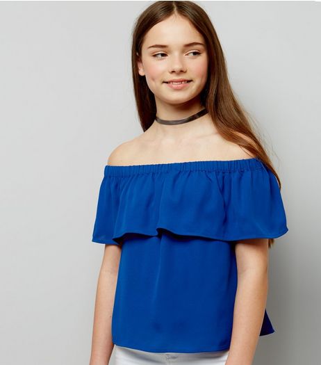 Teens Blue Frill Trim Bardot Neck Top | New Look