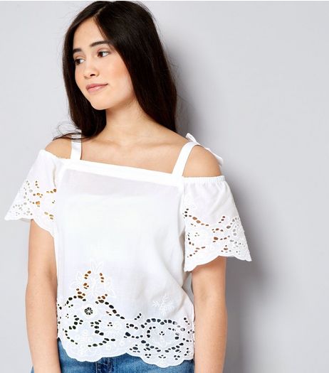 Teens White Broderie Bow Strap Cold Shoulder Top | New Look