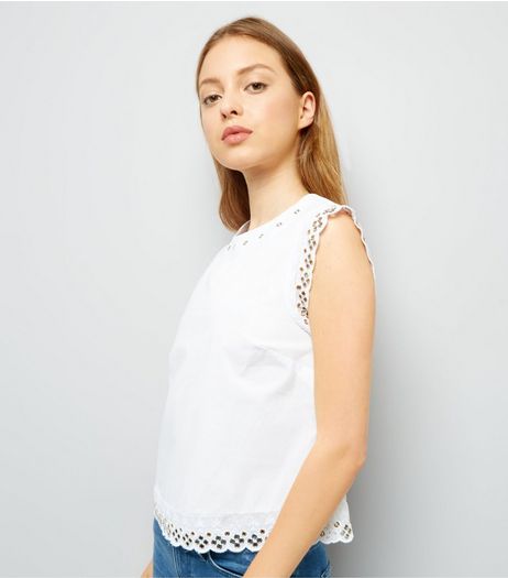 White Eyelet Trim Scallop Edge Top | New Look