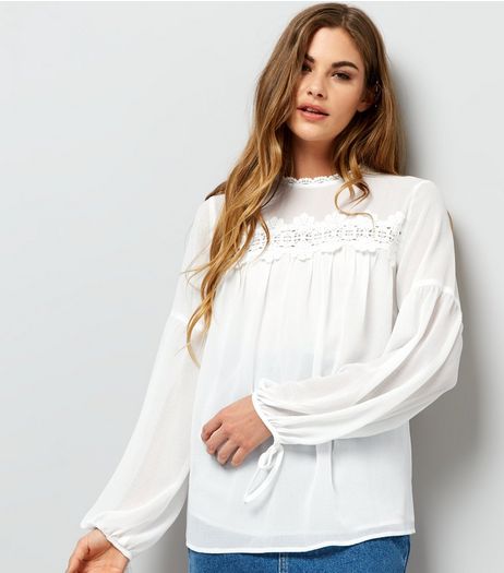 White Lace Trim Long Sleeve Top | New Look