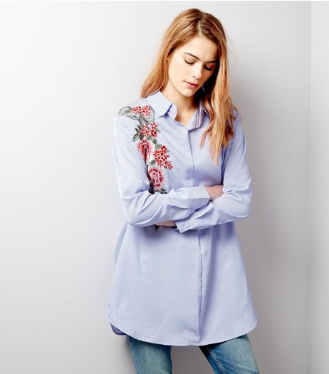 Cameo Rose Blue Stripe Floral Embroidered Shirt | New Look