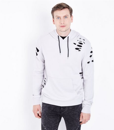 Pale Grey Ripped Pocket Front Hoodie | New Look