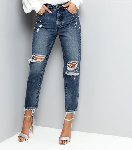 Blue Embroidered Ripped Skinny Tori Mom Jeans | New Look