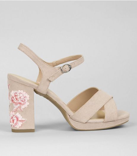 Wide Fit Nude Pink Floral Embroidered Block Heels | New Look