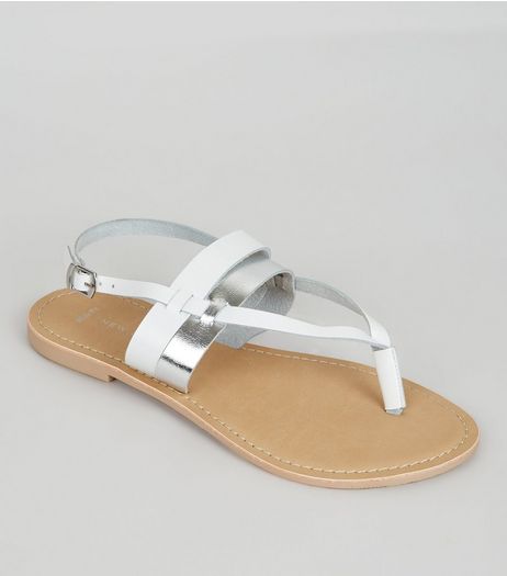 Wide Fit White Leather Metallic Strap Sandals | New Look