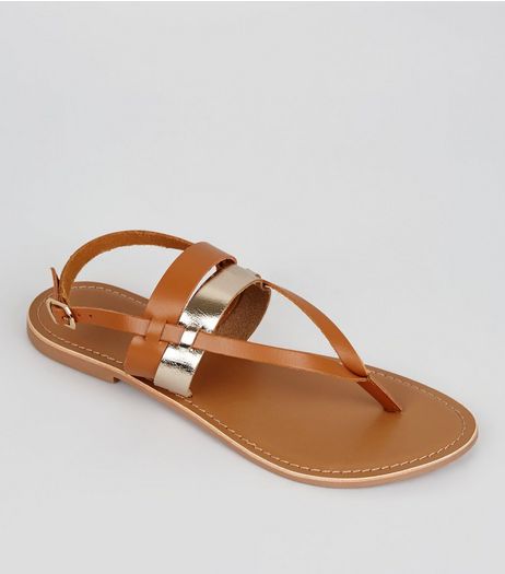 Wide Fit Tan Leather Metallic Strap Sandals | New Look