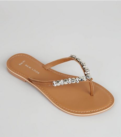 Wide Fit Tan Leather Embellished Flip Flops | New Look