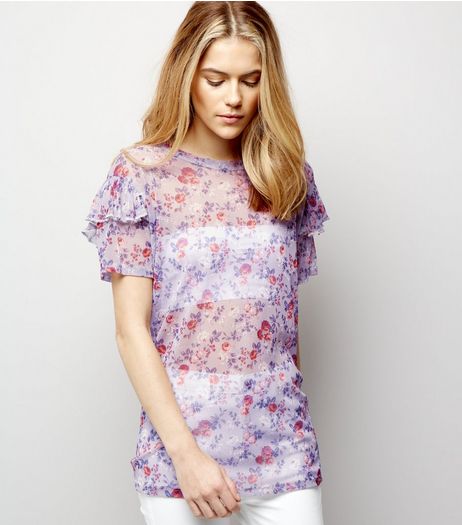 Carpe Diem Lilac Floral Mesh Frill Trim Top | New Look