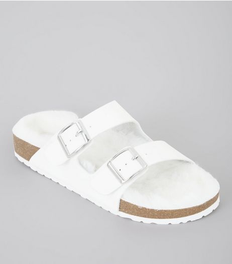 Wide Fit White Faux Fur Footbed Sandals | New Look