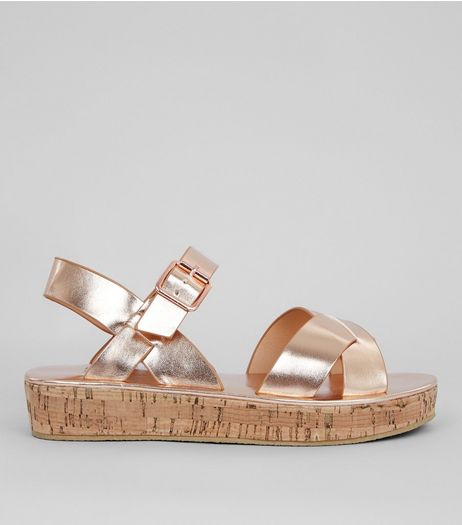 Teens Rose Gold Cork Flatform Sandals | New Look