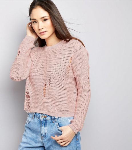 Shell Pink Ladder Ripped Cropped Jumper | New Look