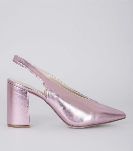 Wide Fit Pink Metallic Pointed Sling Back Heels | New Look