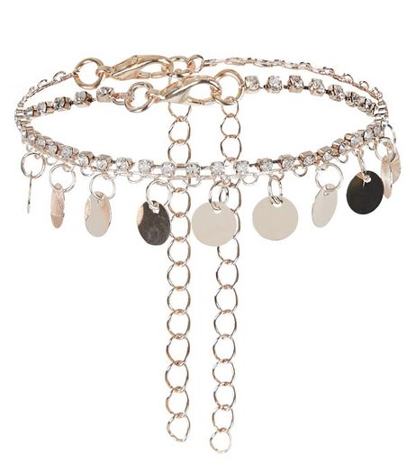 2 Pack Rose Gold Coin and Diamante Anklets | New Look