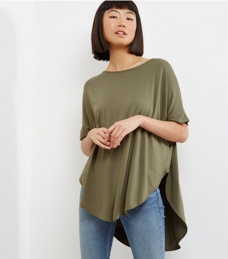 Apricot Khaki Roll Sleeve Curve Hem Top | New Look
