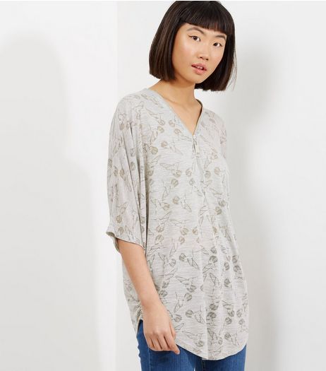 Apricot Grey Bird Print 1/2 Sleeve Zip Front Top | New Look