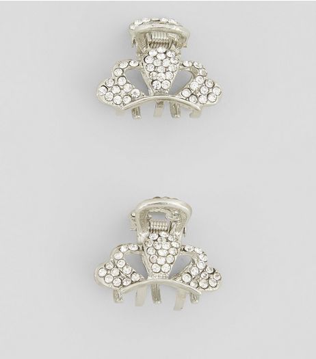 2 Pack Silver Diamante Bulldog Clips | New Look