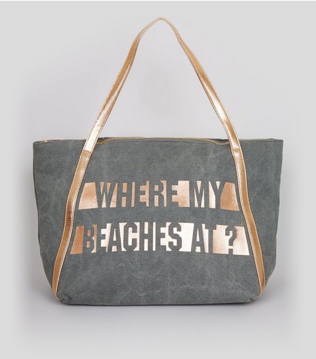 Grey Where My Beaches At Tote Bag | New Look