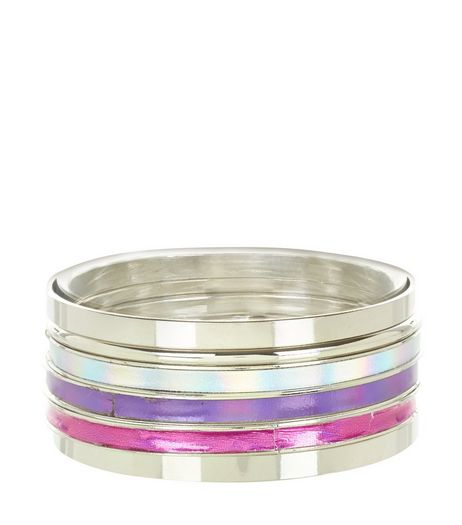 6 Pack Silver Iridescent Tape Bangles | New Look