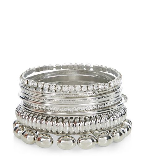 6 Pack Silver Bead Bangles | New Look