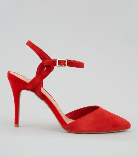 Red Comfort Suede Cross Strap Side Pointed Heels | New Look