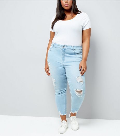 Curves Blue Gem Detail Ripped Mom Jeans | New Look