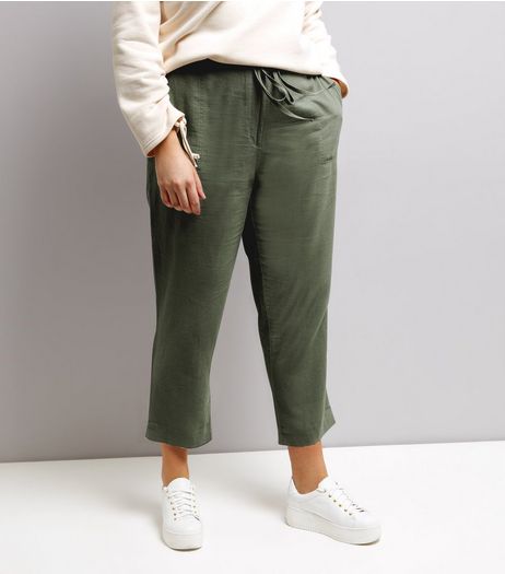 Curves Khaki Tie Waist Cropped Trousers | New Look