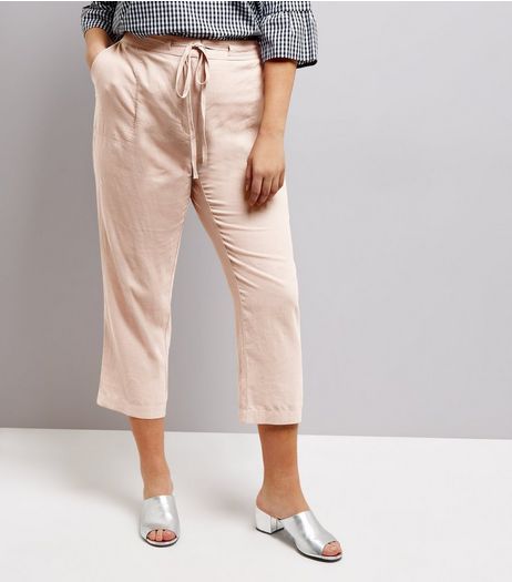 Curves Shell Pink Tie Waist Cropped Trousers | New Look