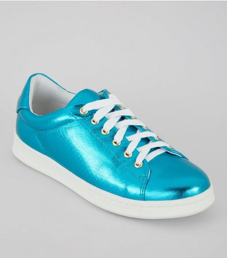 Teens Blue Metallic Lace Up Trainers | New Look