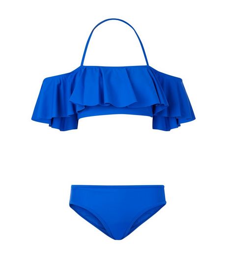Teens Blue Frill Top Bardot Bikini | New Look