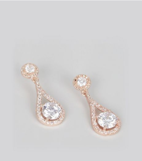 Rose Gold Cubic Zirconia Teardrop Stud Earrings | New Look