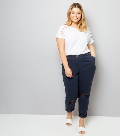 Curves Navy Ripped Knee Chinos | New Look